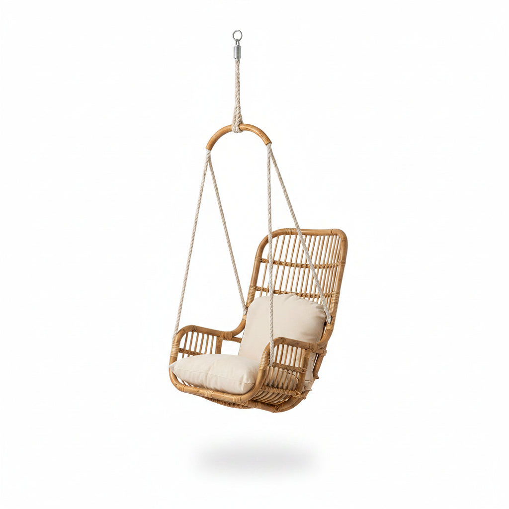 Premium Rattan Bamboo Cane Swing Chair for Outdoor Indoor Balcony Garden Patio |Serene Swing: Embrace Relaxation with the Cane Swing Chair|Uyyala Hammock Hanging Chair|With Cushion |Brown|