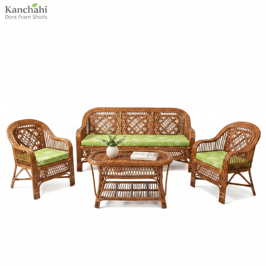 Bamboo Chair Premium Cane Sofa Set with Table for Home, Office, Living Room, Balcony, Garden, Indoor&Outdoor|Brown Foam Cushions, 30 L, 64 B, 33 H