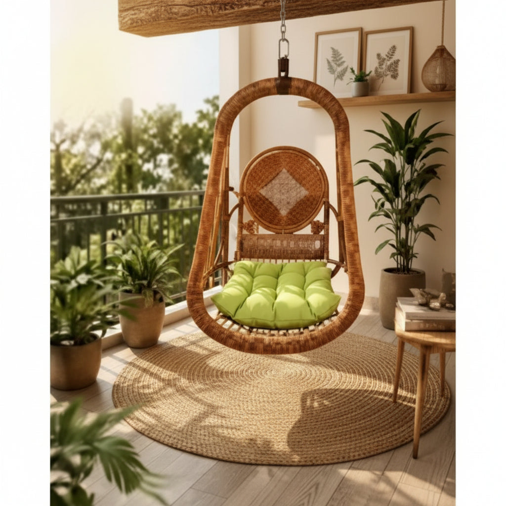 Hanging Chair Garden Jhoola Wooden Bamboo Cane Jhula For Adults Outdoor Cane Swing Chair Wooden Swing Hanging Chair Jhula For Balcony, Home, Living Room And Garden.
