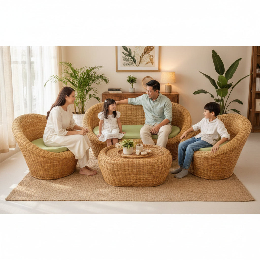5 Seater Apple Sofa Set with Center Table | Handmade Bamboo & Cane Furniture for Living Room, Balcony, Garden & Office | Pre-Assembled Natural Rattan Seating Set