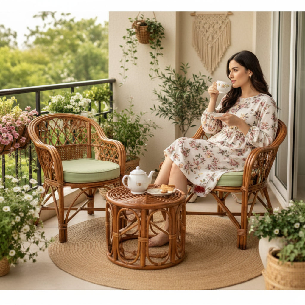 Premium Bamboo Chair Set with Table,Kursi,Garden Chairs with Table,Chairs for Living Room, Home, Dining Room, Bedroom, Kitchen, Office, Outdoor & Garden,Set of 2 Chairs & 1 Table, Brown