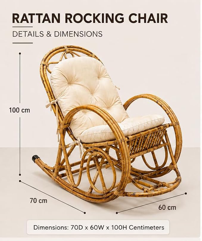 Durable Heavy-Duty Relax Bamboo Cane Rocking Chair for Home, Balcony, Living Room and Outdoor Lounge, Brown